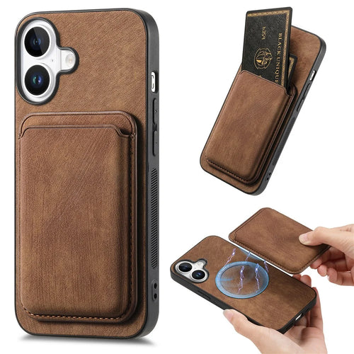 For iPhone 16 Case Compatible with MagSafe Leather Back Cover with Detachable Card Holder - Brown - 1