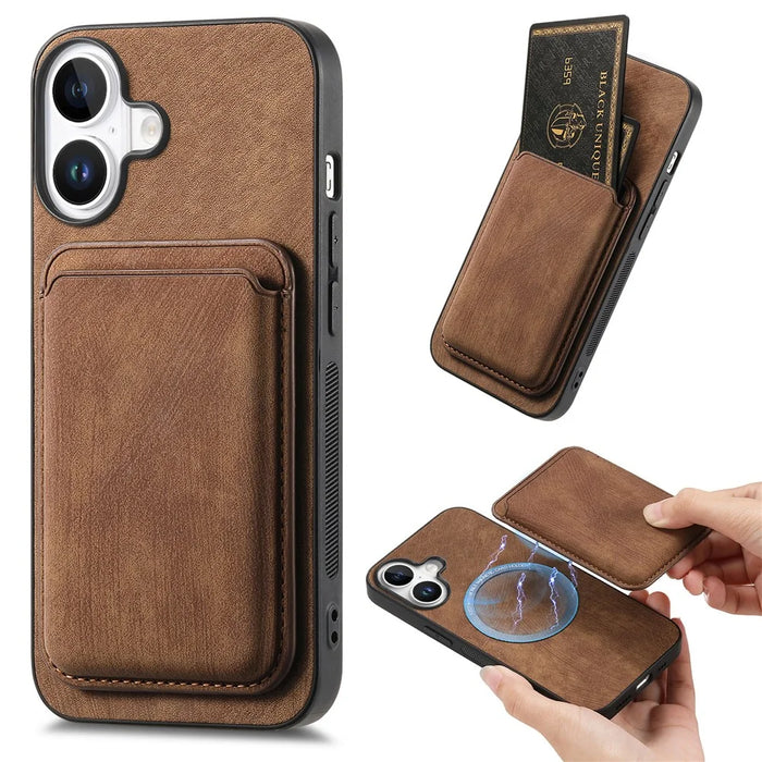 For iPhone 16 Case Compatible with MagSafe Leather Back Cover with Detachable Card Holder - Brown - 1