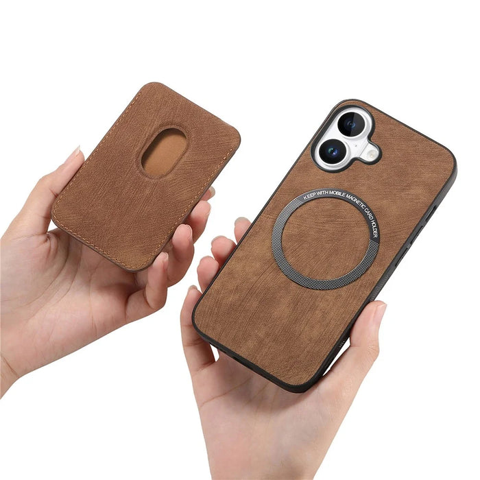 For iPhone 16 Case Compatible with MagSafe Leather Back Cover with Detachable Card Holder - Brown - 6