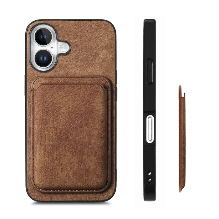 For iPhone 16 Case Compatible with MagSafe Leather Back Cover with Detachable Card Holder - Brown - 7