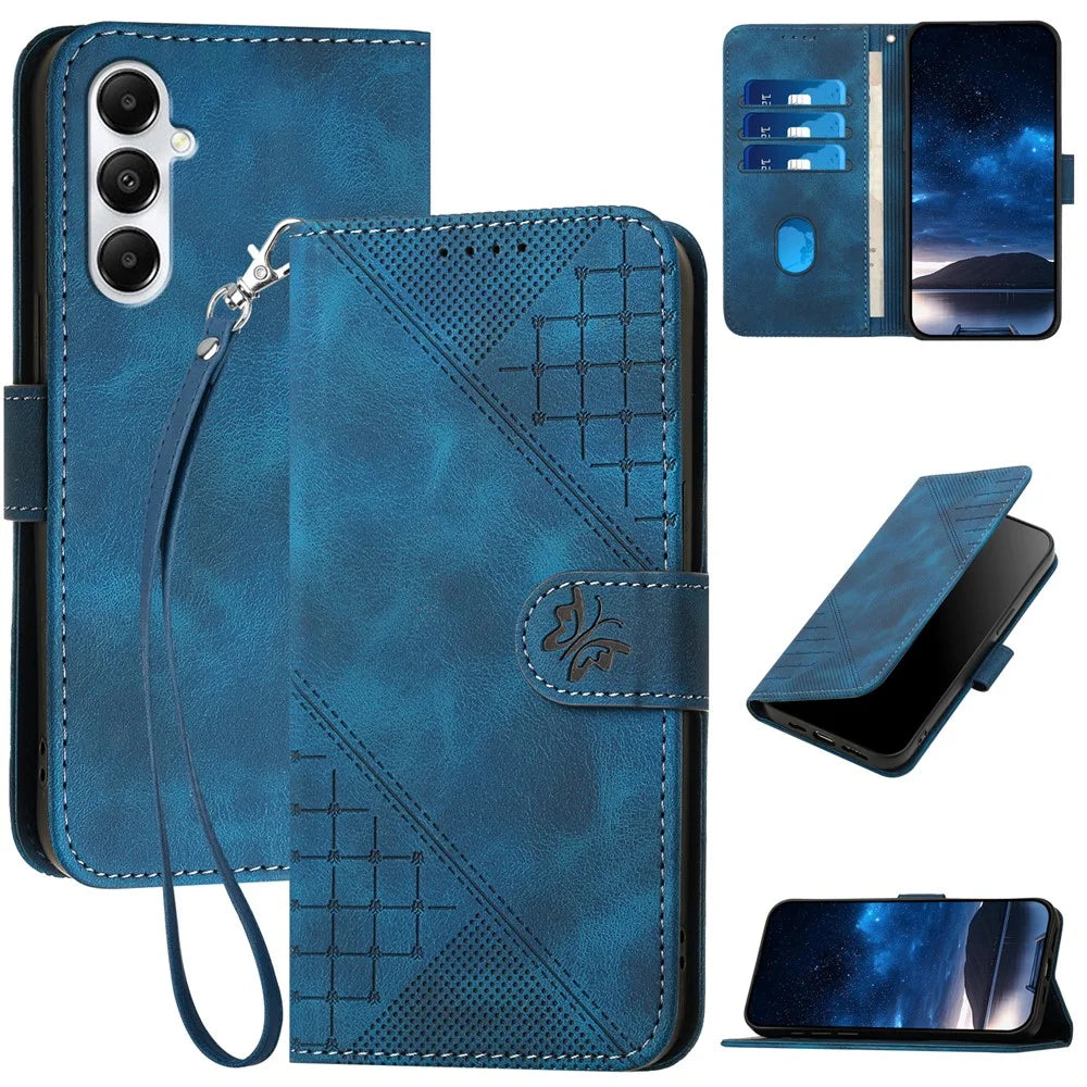 For Samsung Galaxy S24 FE Leather Wallet Case Butterfly Flower Imprinted Phone Cover with Strap - Sapphire - 1
