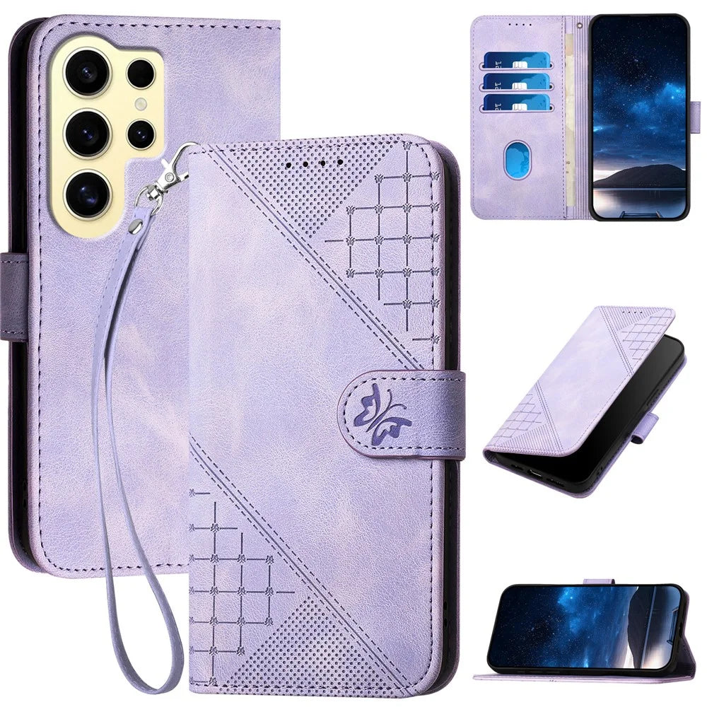 For Samsung Galaxy S24 Ultra Leather Wallet Case Butterfly Flower Imprinted Phone Cover with Strap - Light Purple - 1