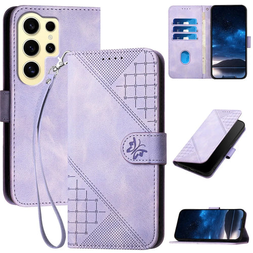 For Samsung Galaxy S24 Ultra Leather Wallet Case Butterfly Flower Imprinted Phone Cover with Strap - Light Purple - 1