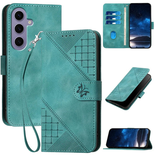 For Samsung Galaxy S24 Leather Wallet Case Butterfly Flower Imprinted Phone Cover with Strap - Baby Blue - 1