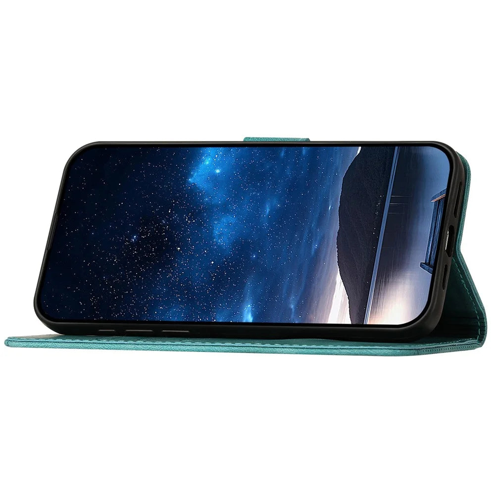 For Samsung Galaxy S24 Leather Wallet Case Butterfly Flower Imprinted Phone Cover with Strap - Baby Blue - 3