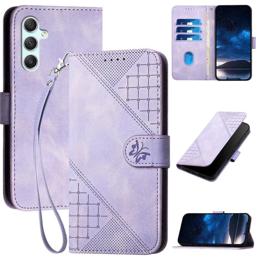 For Samsung Galaxy A34 5G Leather Wallet Case Butterfly Flower Imprinted Phone Cover with Strap - Light Purple - 1