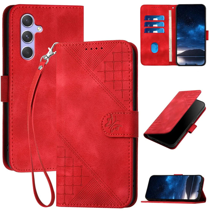 For Samsung Galaxy A54 5G Leather Wallet Case Butterfly Flower Imprinted Phone Cover with Strap - Red - 1