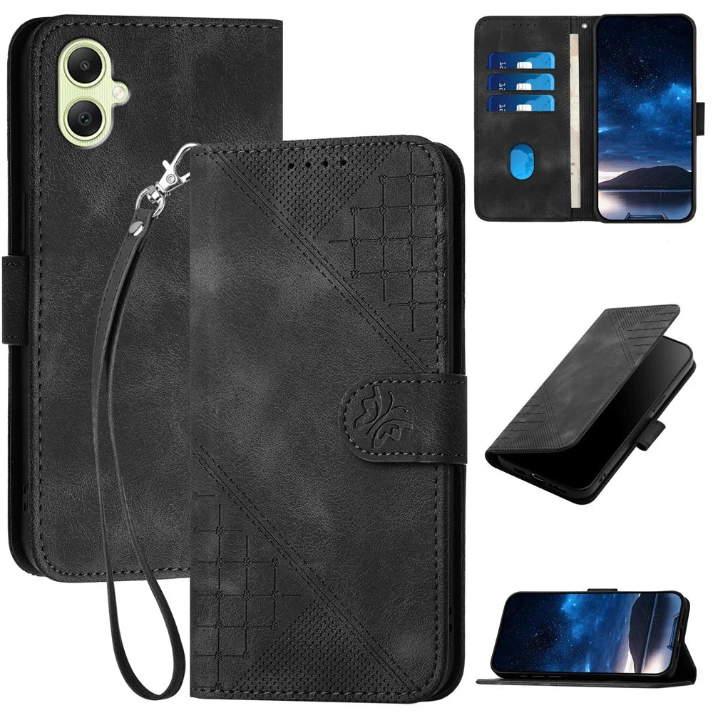 For Samsung Galaxy A06 4G Leather Wallet Case Butterfly Flower Imprinted Phone Cover with Strap - Black - 1