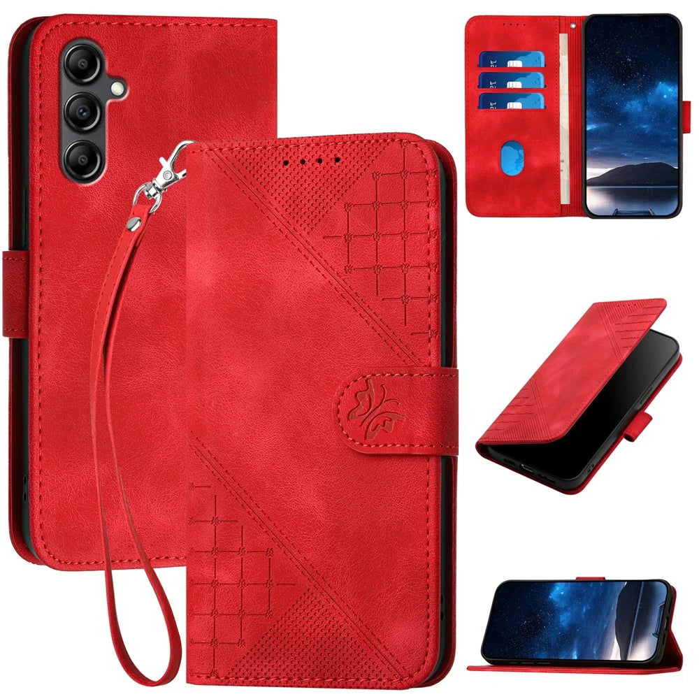 For Samsung Galaxy A15 4G / 5G Leather Wallet Case Butterfly Flower Imprinted Phone Cover with Strap - Red - 1