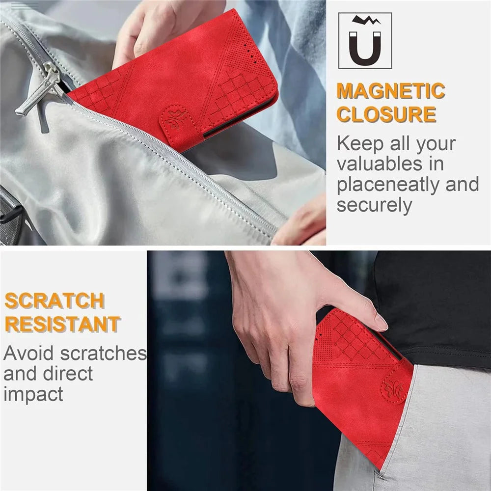For Samsung Galaxy A15 4G / 5G Leather Wallet Case Butterfly Flower Imprinted Phone Cover with Strap - Red - 6