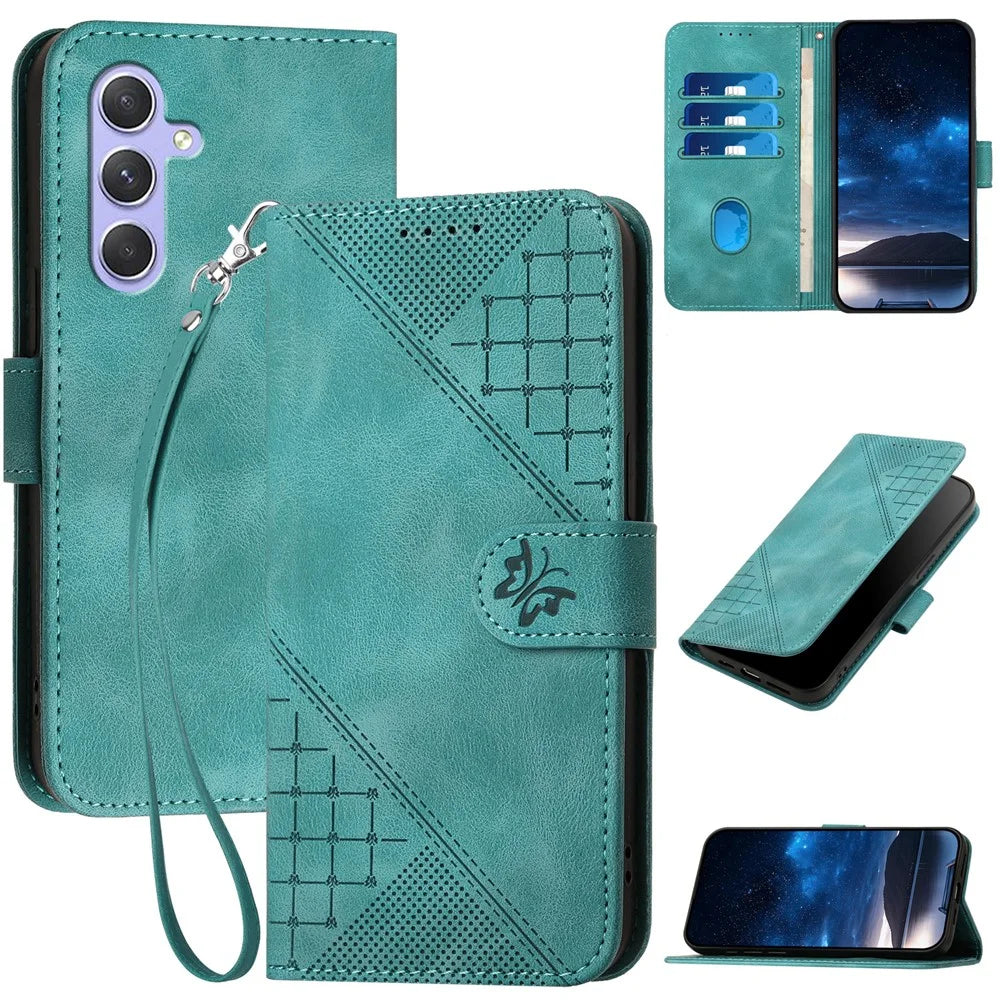 For Samsung Galaxy A55 5G Leather Wallet Case Butterfly Flower Imprinted Phone Cover with Strap - Baby Blue - 1