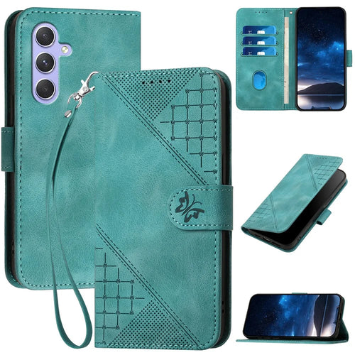 For Samsung Galaxy A55 5G Leather Wallet Case Butterfly Flower Imprinted Phone Cover with Strap - Baby Blue - 1