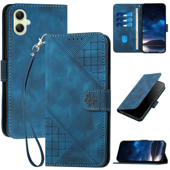 For Samsung Galaxy A05 4G Leather Wallet Case Butterfly Flower Imprinted Phone Cover with Strap - Sapphire - 1
