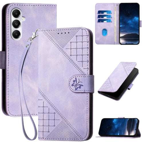 For Samsung Galaxy A05s 4G Leather Wallet Case Butterfly Flower Imprinted Phone Cover with Strap - Light Purple - 1