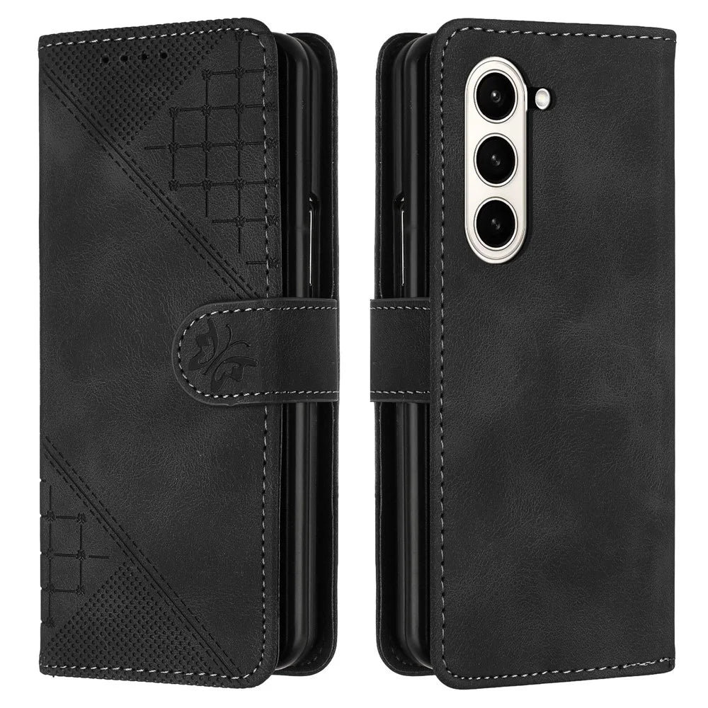 For Samsung Galaxy Z Fold6 5G Leather Wallet Case Butterfly Flower Imprinted Phone Cover with Strap - Black - 1