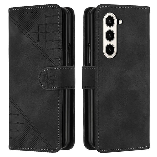 For Samsung Galaxy Z Fold6 5G Leather Wallet Case Butterfly Flower Imprinted Phone Cover with Strap - Black - 1