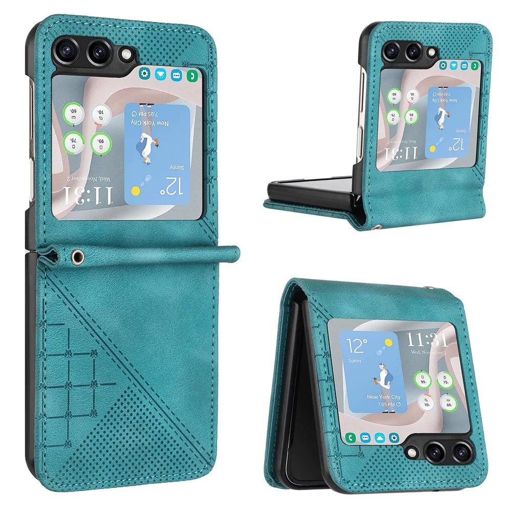For Samsung Galaxy Z Flip5 5G Leather Wallet Case Butterfly Flower Imprinted Phone Cover with Strap - Baby Blue - 1