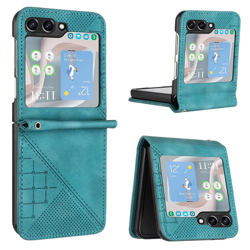 For Samsung Galaxy Z Flip5 5G Leather Wallet Case Butterfly Flower Imprinted Phone Cover with Strap - Baby Blue - 1