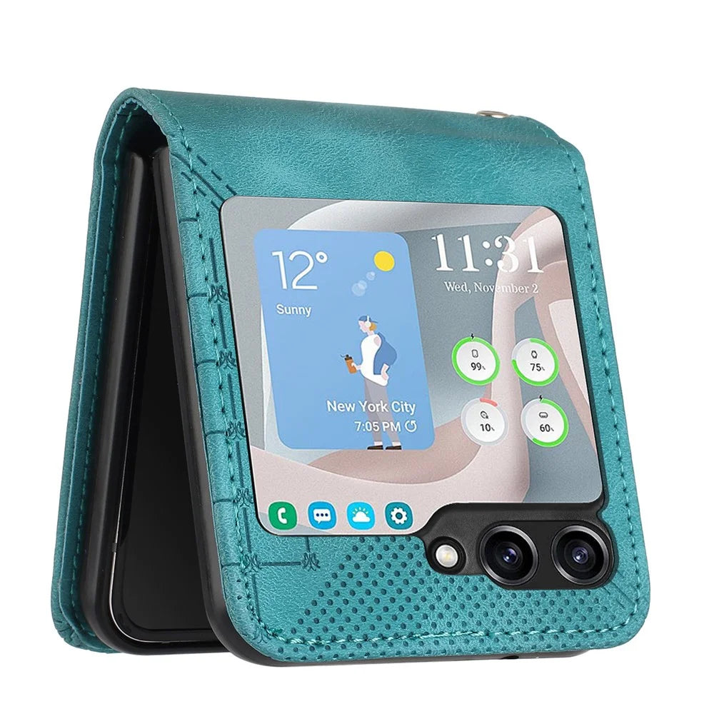 For Samsung Galaxy Z Flip5 5G Leather Wallet Case Butterfly Flower Imprinted Phone Cover with Strap - Baby Blue - 4