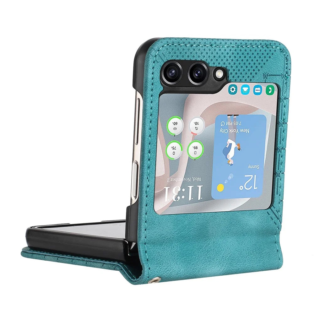 For Samsung Galaxy Z Flip5 5G Leather Wallet Case Butterfly Flower Imprinted Phone Cover with Strap - Baby Blue - 5