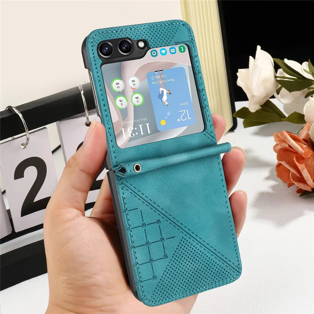 For Samsung Galaxy Z Flip5 5G Leather Wallet Case Butterfly Flower Imprinted Phone Cover with Strap - Baby Blue - 7
