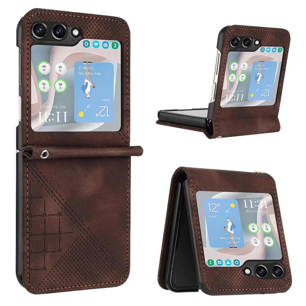For Samsung Galaxy Z Flip7 FE 5G / Z Flip6 5G Leather Wallet Case Butterfly Flower Imprinted Phone Cover with Strap - Brown - 1