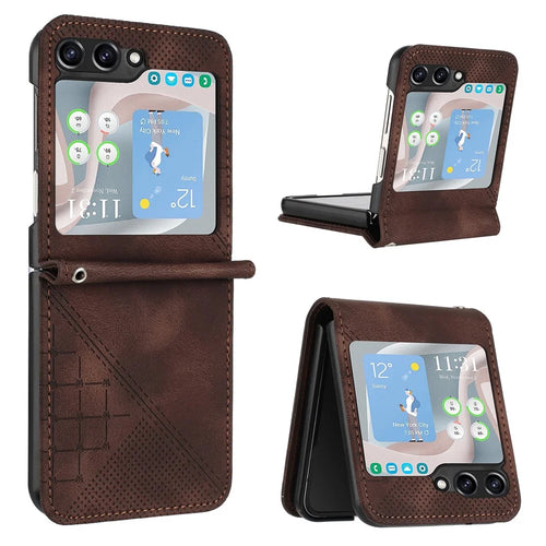 For Samsung Galaxy Z Flip7 FE 5G / Z Flip6 5G Leather Wallet Case Butterfly Flower Imprinted Phone Cover with Strap - Brown - 1