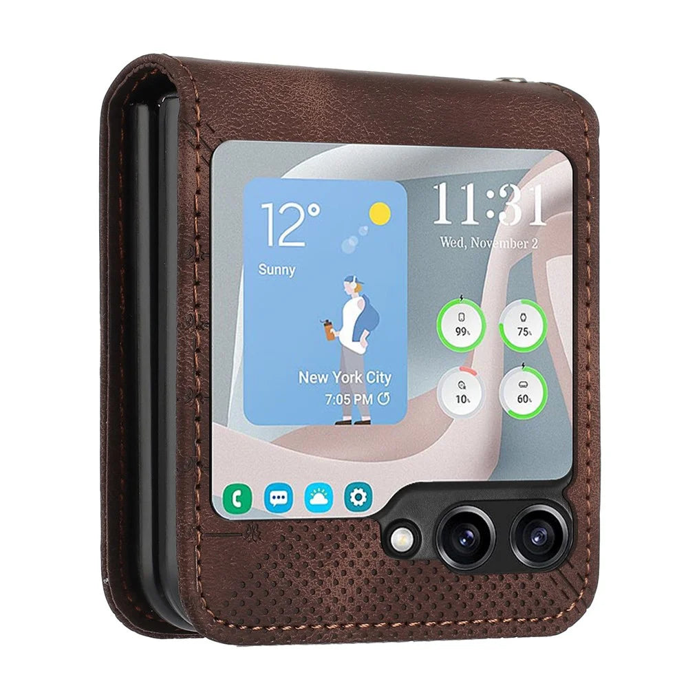 For Samsung Galaxy Z Flip7 FE 5G / Z Flip6 5G Leather Wallet Case Butterfly Flower Imprinted Phone Cover with Strap - Brown - 3