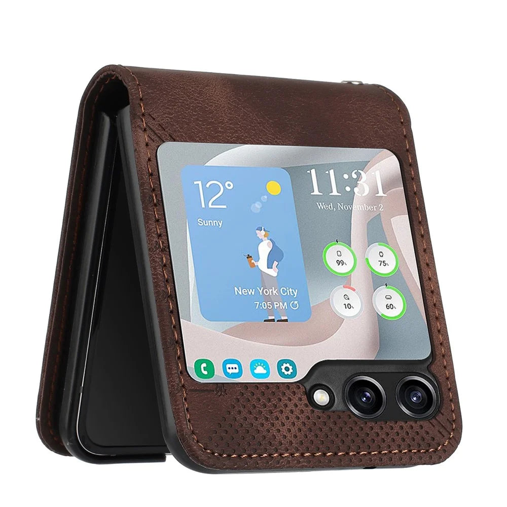 For Samsung Galaxy Z Flip7 FE 5G / Z Flip6 5G Leather Wallet Case Butterfly Flower Imprinted Phone Cover with Strap - Brown - 4