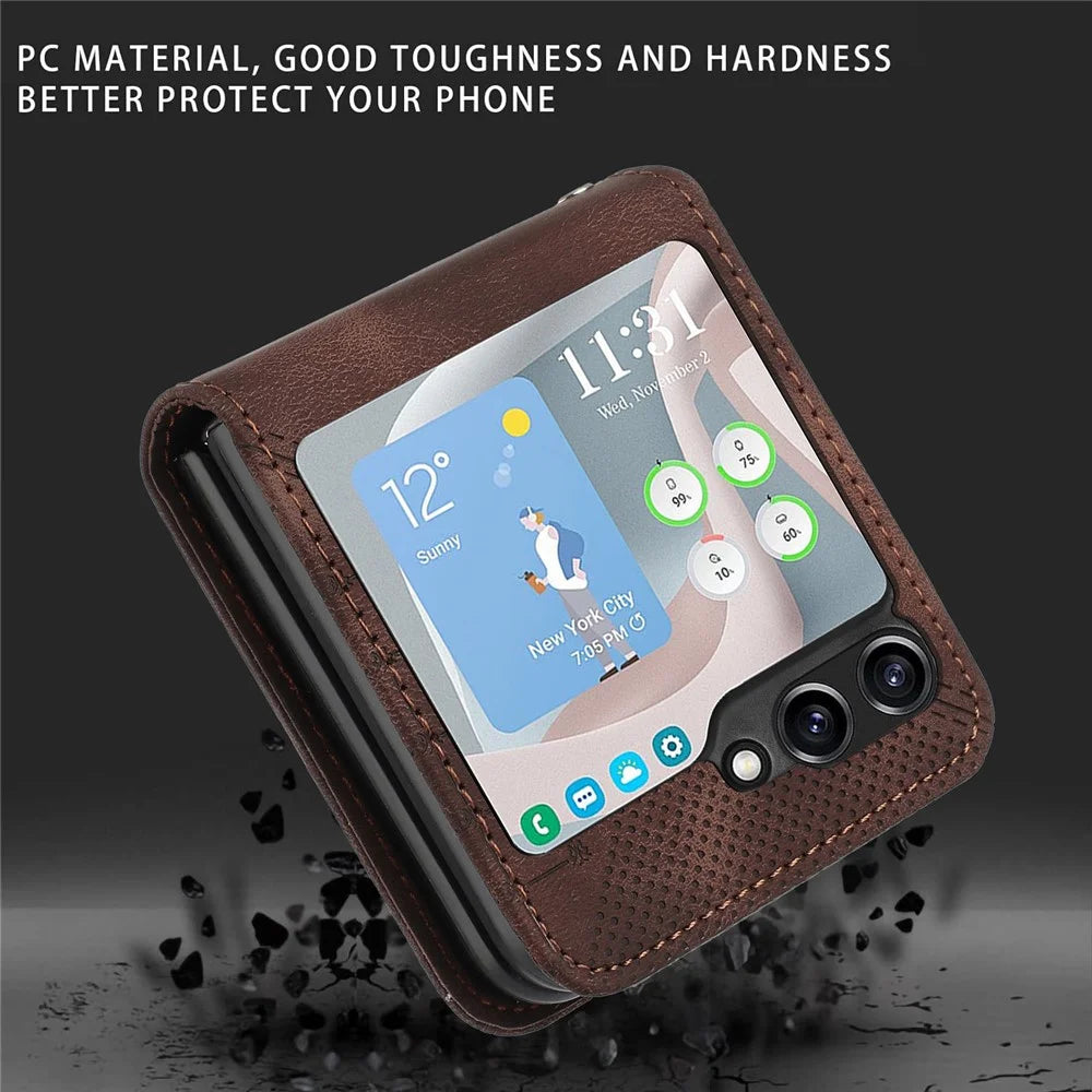For Samsung Galaxy Z Flip7 FE 5G / Z Flip6 5G Leather Wallet Case Butterfly Flower Imprinted Phone Cover with Strap - Brown - 6