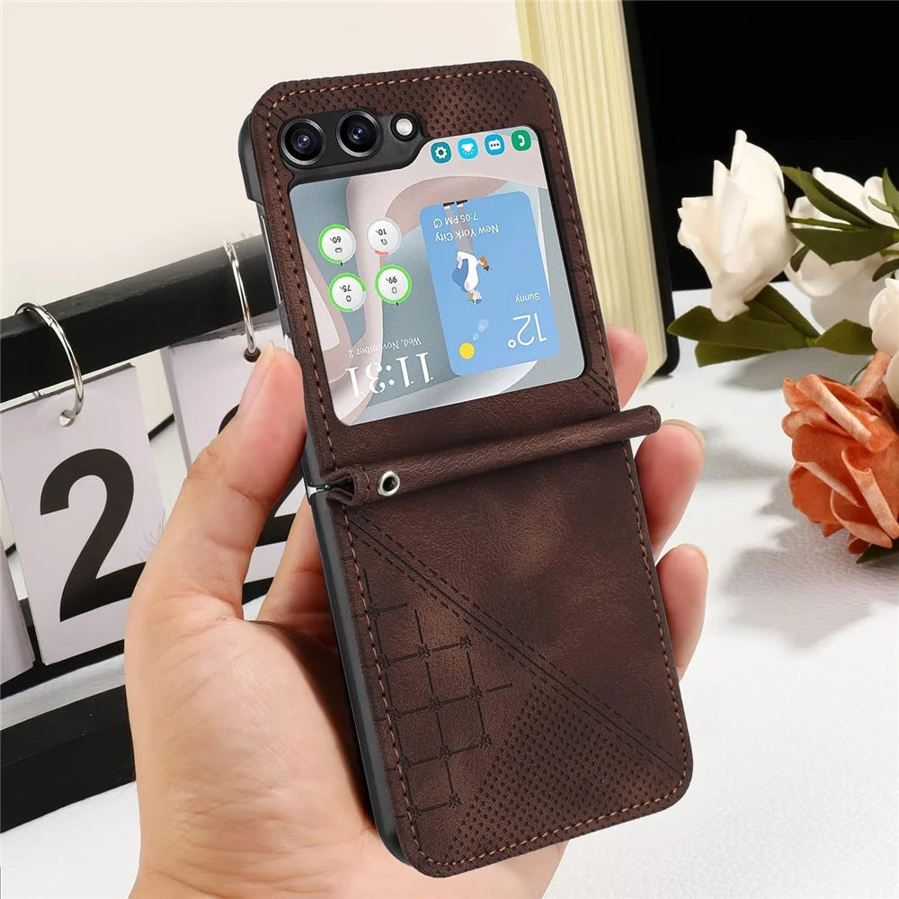 For Samsung Galaxy Z Flip7 FE 5G / Z Flip6 5G Leather Wallet Case Butterfly Flower Imprinted Phone Cover with Strap - Brown - 7