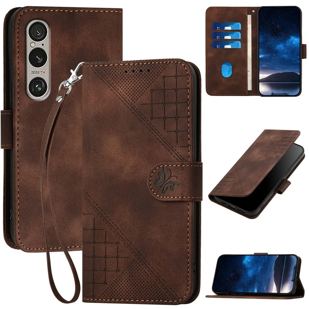 For Sony Xperia 1 VI Leather Wallet Case Butterfly Flower Imprinted Phone Cover with Strap - Brown - 1
