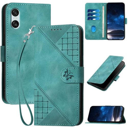 For Sony Xperia 10 VI Leather Wallet Case Butterfly Flower Imprinted Phone Cover with Strap - Baby Blue - 1