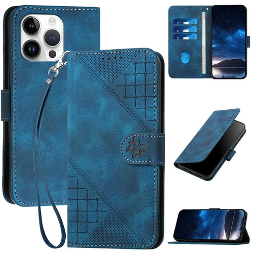 For iPhone 15 Pro Max Leather Wallet Case Butterfly Flower Imprinted Phone Cover with Strap - Sapphire - 1