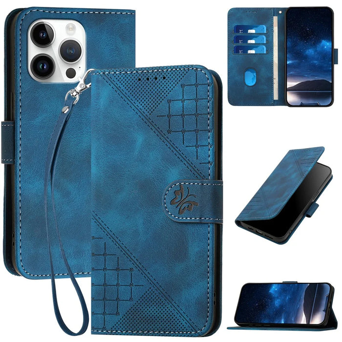 For iPhone 15 Pro Max Leather Wallet Case Butterfly Flower Imprinted Phone Cover with Strap - Sapphire - 1