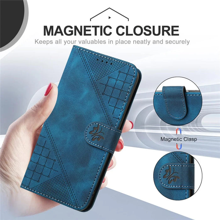 For iPhone 15 Pro Max Leather Wallet Case Butterfly Flower Imprinted Phone Cover with Strap - Sapphire - 6