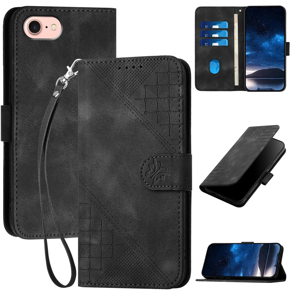 For iPhone 17e / 16e Leather Wallet Case Butterfly Flower Imprinted Phone Cover with Strap - Black - 1