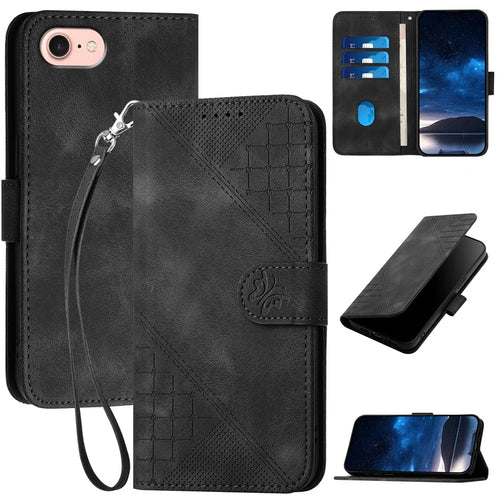 For iPhone 17e / 16e Leather Wallet Case Butterfly Flower Imprinted Phone Cover with Strap - Black - 1