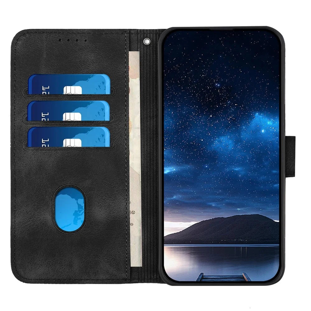 For iPhone 17e / 16e Leather Wallet Case Butterfly Flower Imprinted Phone Cover with Strap - Black - 2