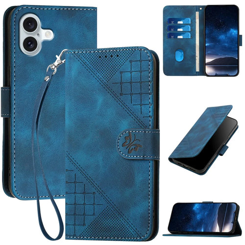 For iPhone 16 Plus Leather Wallet Case Butterfly Flower Imprinted Phone Cover with Strap - Sapphire - 1