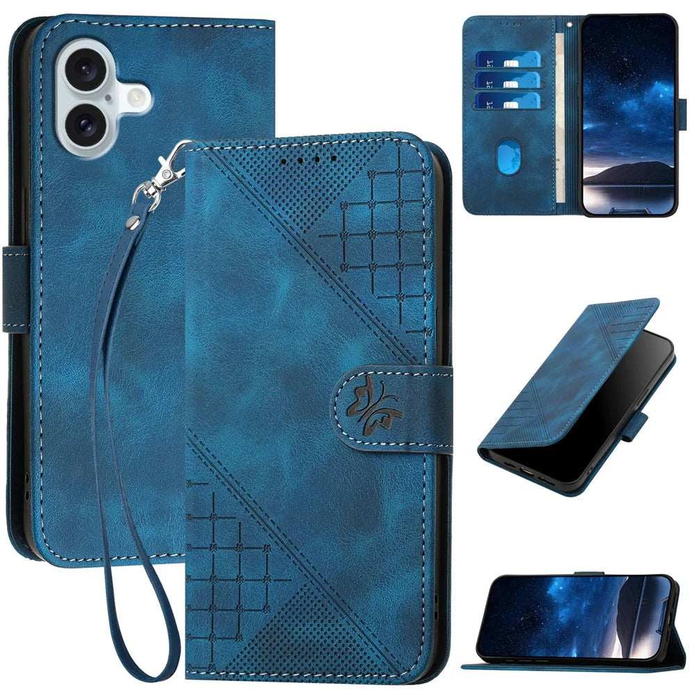 For iPhone 16 Plus Leather Wallet Case Butterfly Flower Imprinted Phone Cover with Strap - Sapphire - 1
