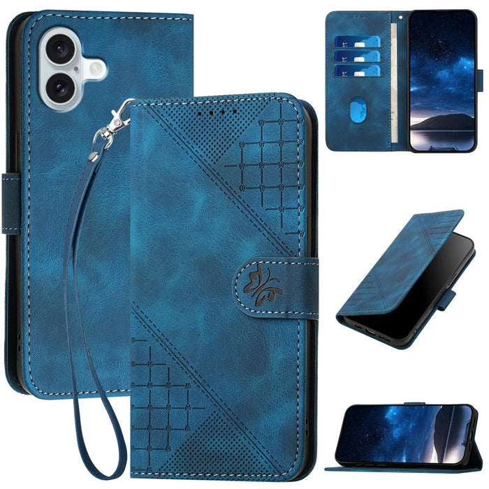 For iPhone 16 Plus Leather Wallet Case Butterfly Flower Imprinted Phone Cover with Strap - Sapphire - 1