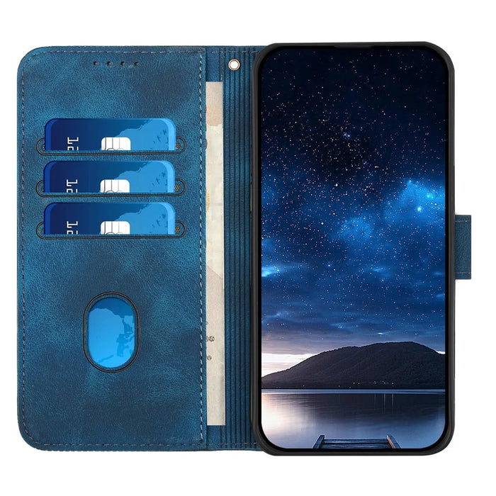 For iPhone 16 Plus Leather Wallet Case Butterfly Flower Imprinted Phone Cover with Strap - Sapphire - 2