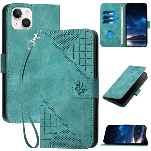 For iPhone 15 Plus Leather Wallet Case Butterfly Flower Imprinted Phone Cover with Strap - Baby Blue - 1