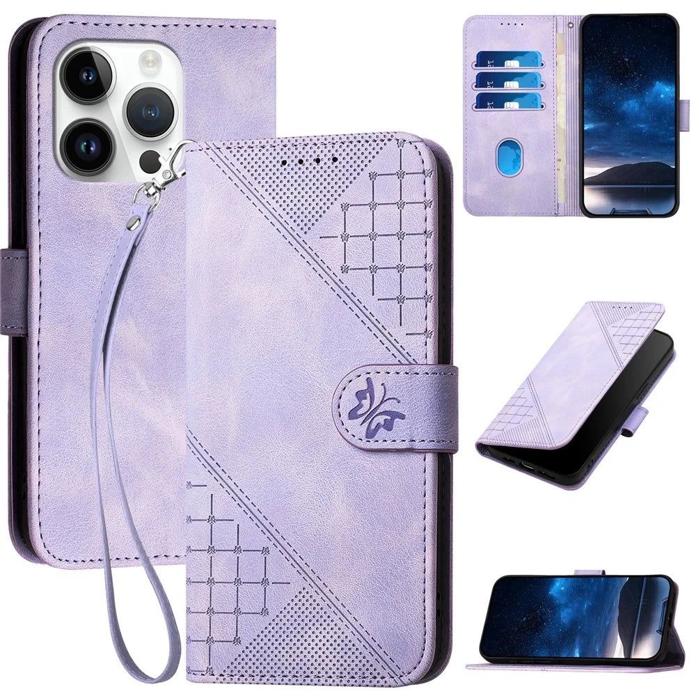 For iPhone 15 Pro Leather Wallet Case Butterfly Flower Imprinted Phone Cover with Strap - Light Purple - 1