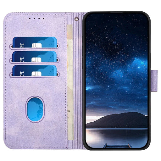 For iPhone 15 Pro Leather Wallet Case Butterfly Flower Imprinted Phone Cover with Strap - Light Purple - 2