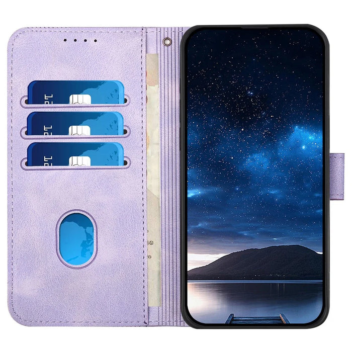 For iPhone 15 Pro Leather Wallet Case Butterfly Flower Imprinted Phone Cover with Strap - Light Purple - 2