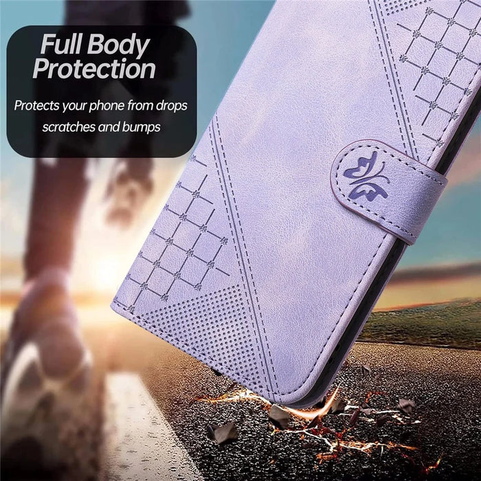For iPhone 15 Pro Leather Wallet Case Butterfly Flower Imprinted Phone Cover with Strap - Light Purple - 7