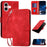 For iPhone 16 Leather Wallet Case Butterfly Flower Imprinted Phone Cover with Strap - Red - 1