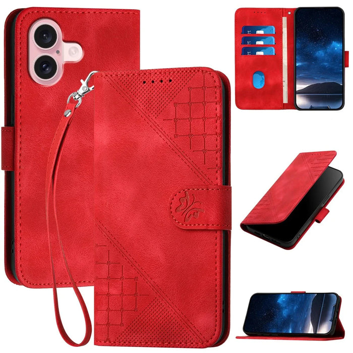 For iPhone 16 Leather Wallet Case Butterfly Flower Imprinted Phone Cover with Strap - Red - 1